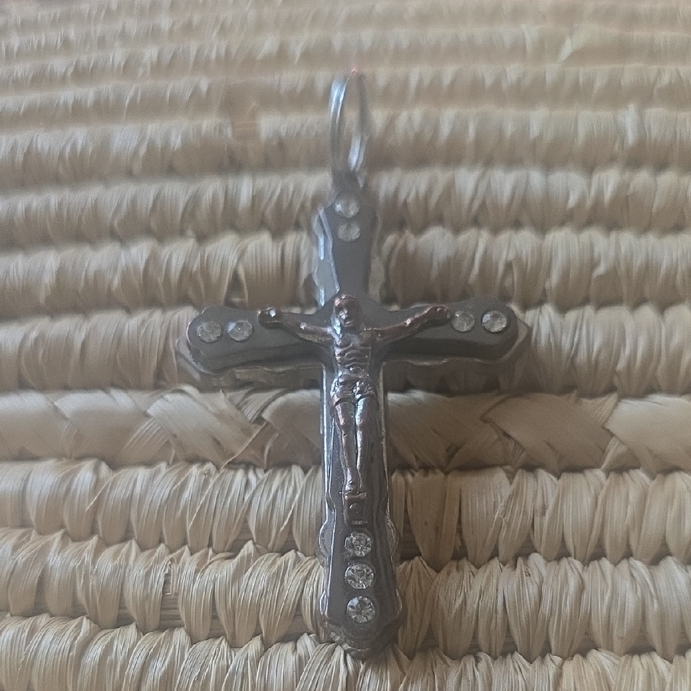 Vintage Silver Cross Pendant with Clear Accents